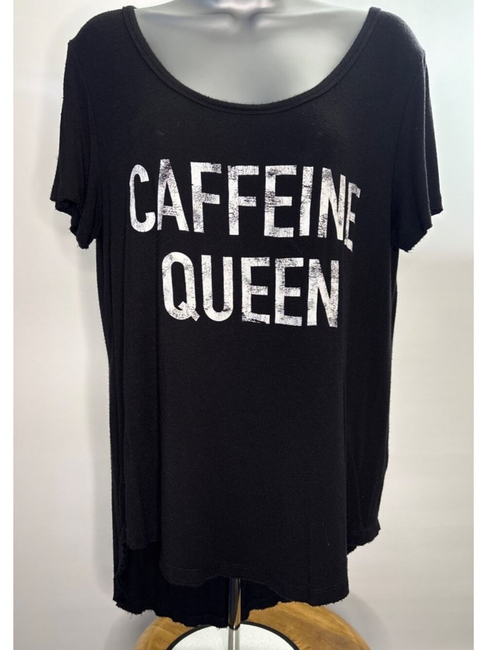 Knit Riot Caffeine Queen Coffee Lover Distressed Women's Black Scoop Neck Tee